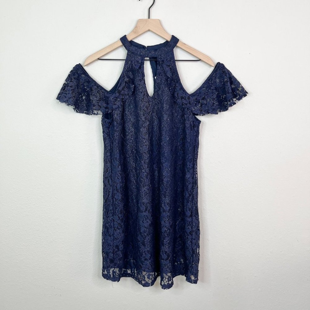 Francesca's Navy Lace Gold Cold Shoulder Flutter Sleeve Mini Dress Sz Medium